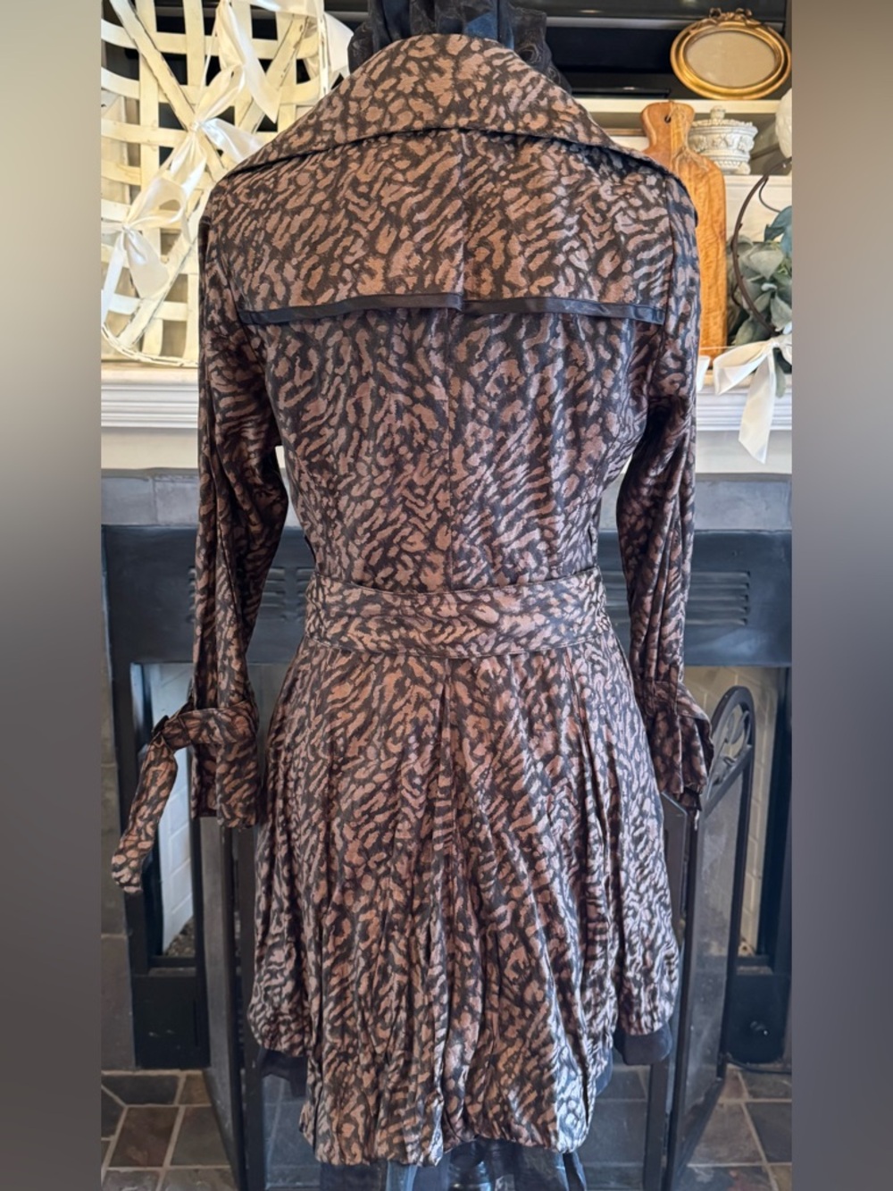 Vintage Y2K Leopard Print Black Tulle Ruffle Belt Trench Coat Avant Garde Small - Picture 6 of 12